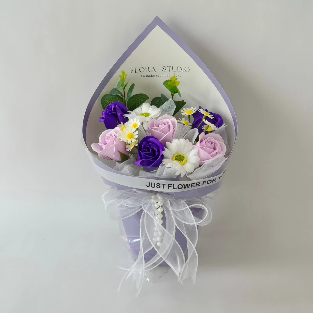 Soap Flower Bouquet Elegant Blush l 6 Soap Roses, 2 Soap Gerbera with Chamomile, Round Wrap Gift Bouquet