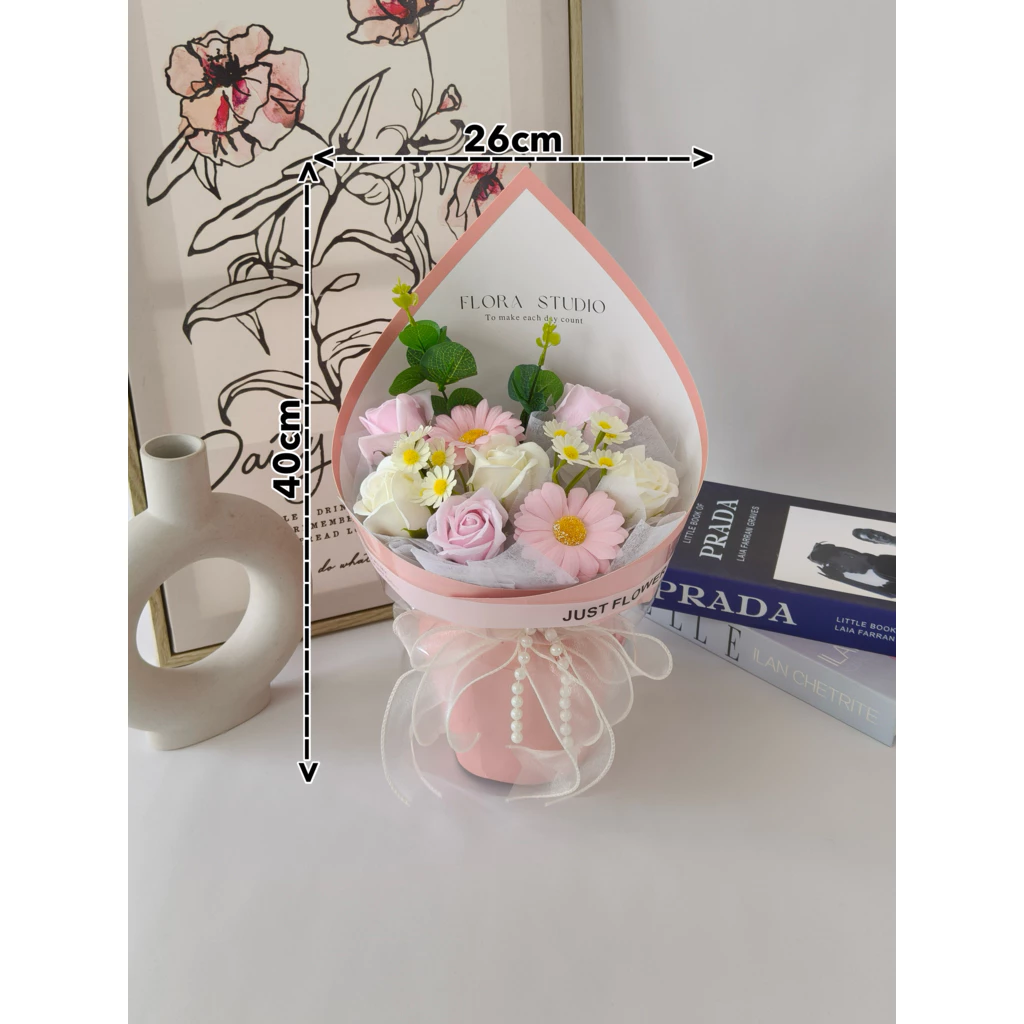 Soap Flower Bouquet Elegant Blush l 6 Soap Roses, 2 Soap Gerbera with Chamomile, Round Wrap Gift Bouquet