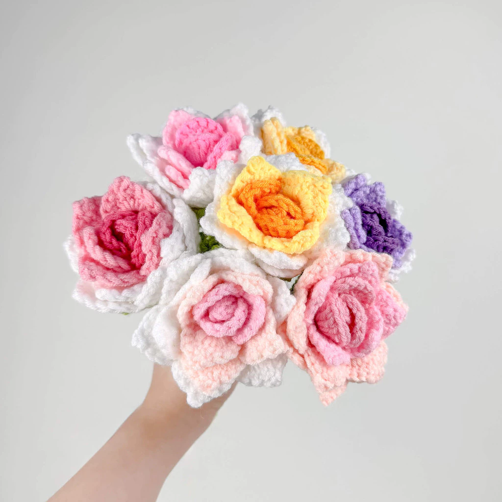 SHIOK Handmade Crochet Single Petal Rose l Ros Kait Sehelai Kelopak Knitted Flower for Gift, DIY & Decoration