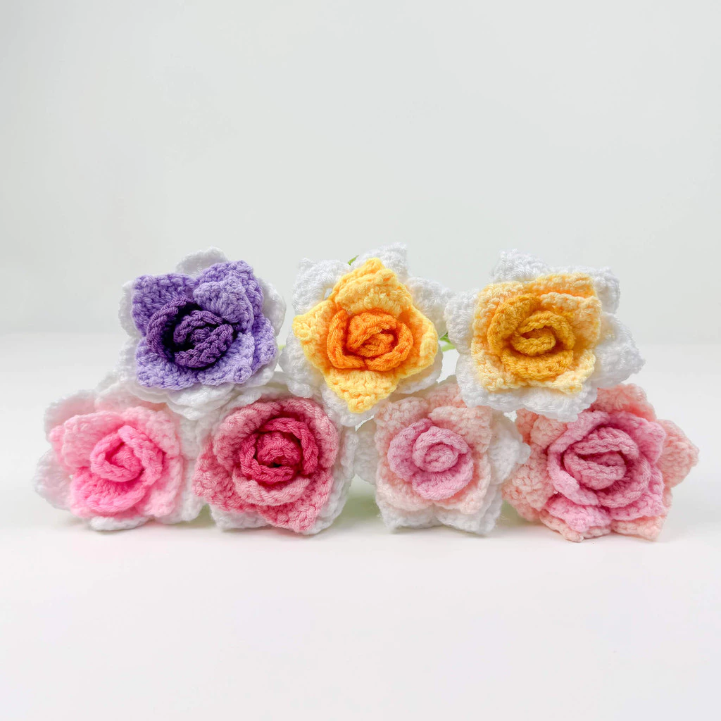 SHIOK Handmade Crochet Single Petal Rose l Ros Kait Sehelai Kelopak Knitted Flower for Gift, DIY & Decoration