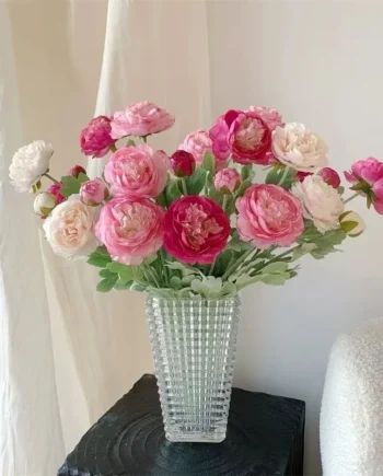 3 Heads Flocking Peony Artificial Flower l Faux Rose Lotus for Living Room Table Decor, Wedding Wall Decoration & Photography Props
