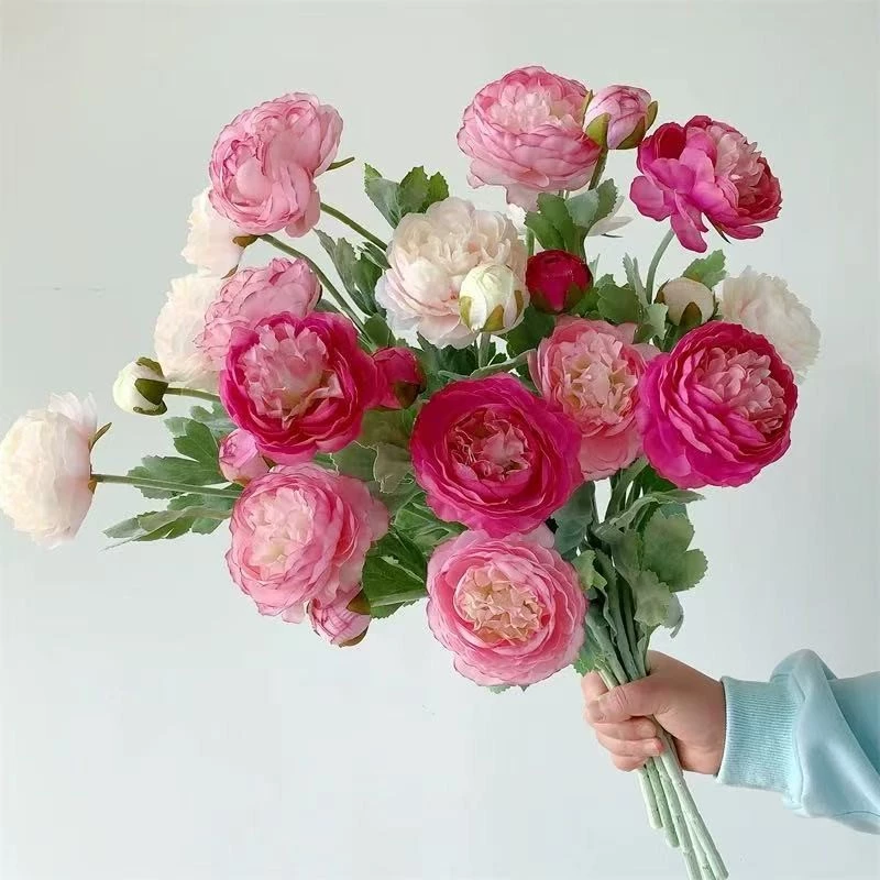 3 Heads Flocking Peony Artificial Flower l Faux Rose Lotus for Living Room Table Decor, Wedding Wall Decoration & Photography Props